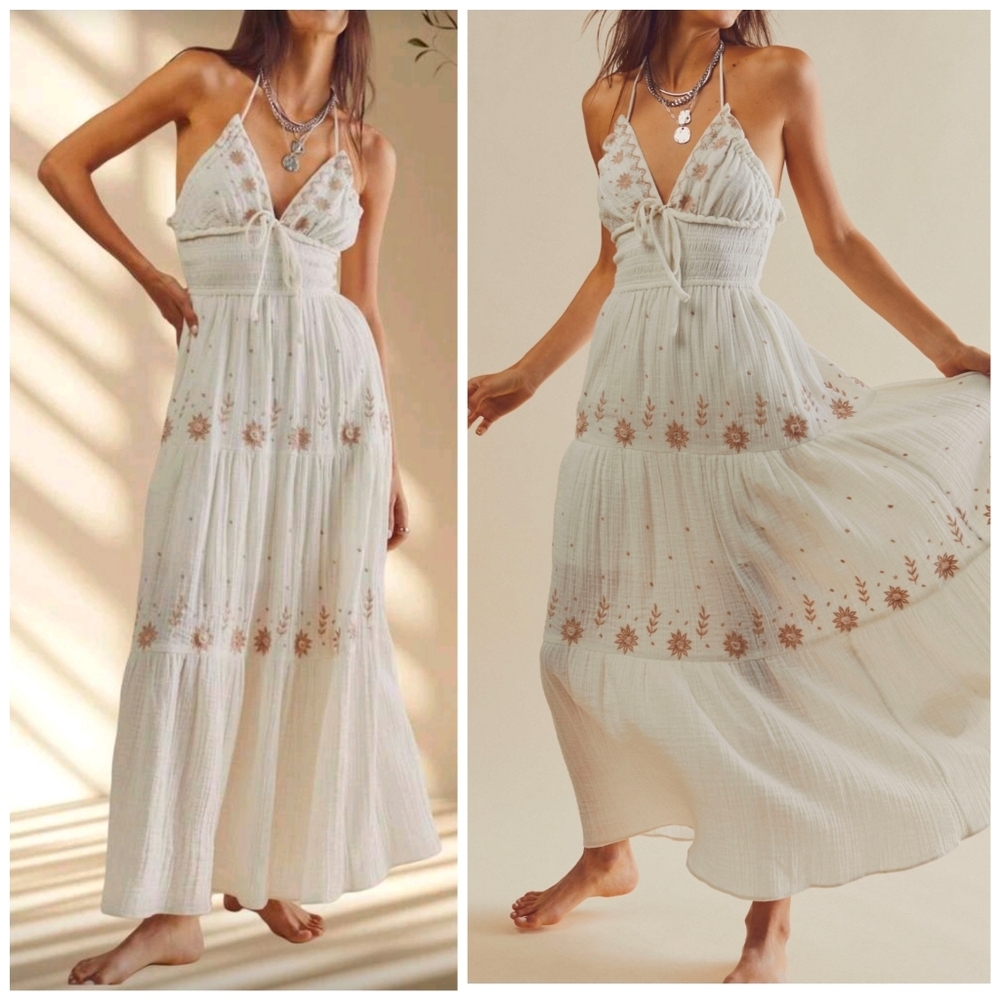 New Embroidered Floral Tie Halter Tiered Long Dress White